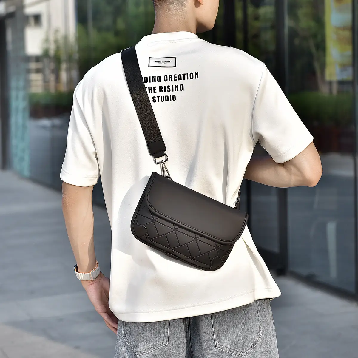 Men's Rhombic Crossbody Bag Black Luxury Shoulder Bag
