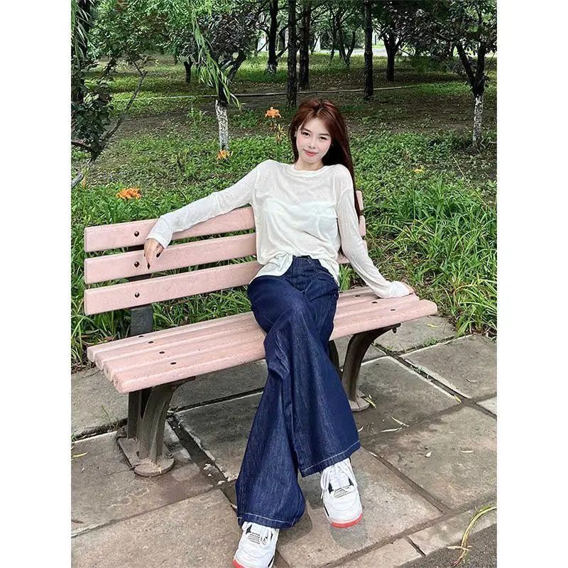 Women Spring Distressed Western Jeans Dark Blue Loose Wide Leg 2025