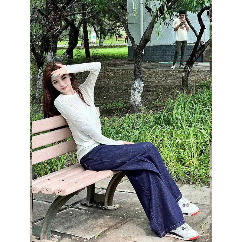 Women Spring Distressed Western Jeans Dark Blue Loose Wide Leg 2025