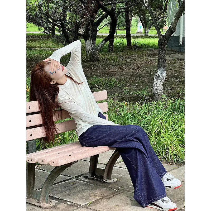 Women Spring Distressed Western Jeans Dark Blue Loose Wide Leg 2025