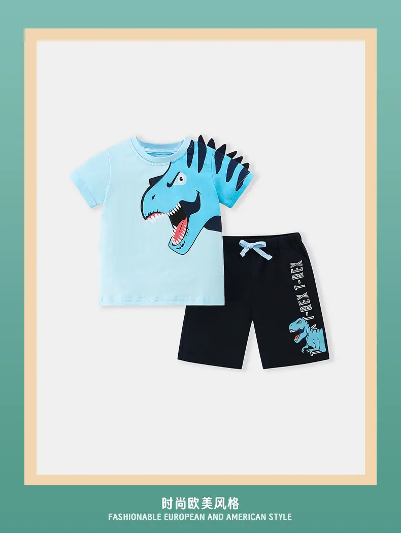 Light Blue Dinosaur Print Boys T-Shirt Pants Suit 2-Piece — feature 2