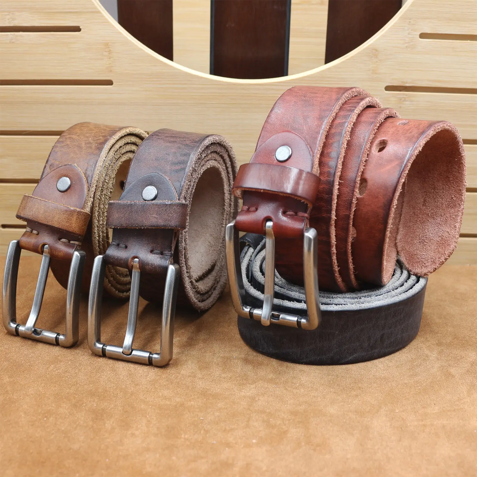 Men's Genuine Leather Belt with Needle Buckle Brown - Image 5