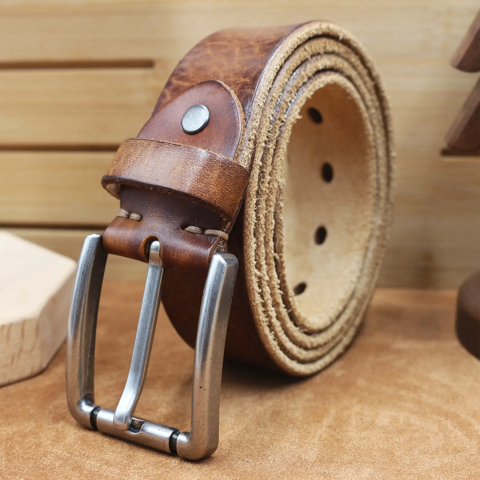 Men's Genuine Leather Belt with Needle Buckle Brown - Image 6
