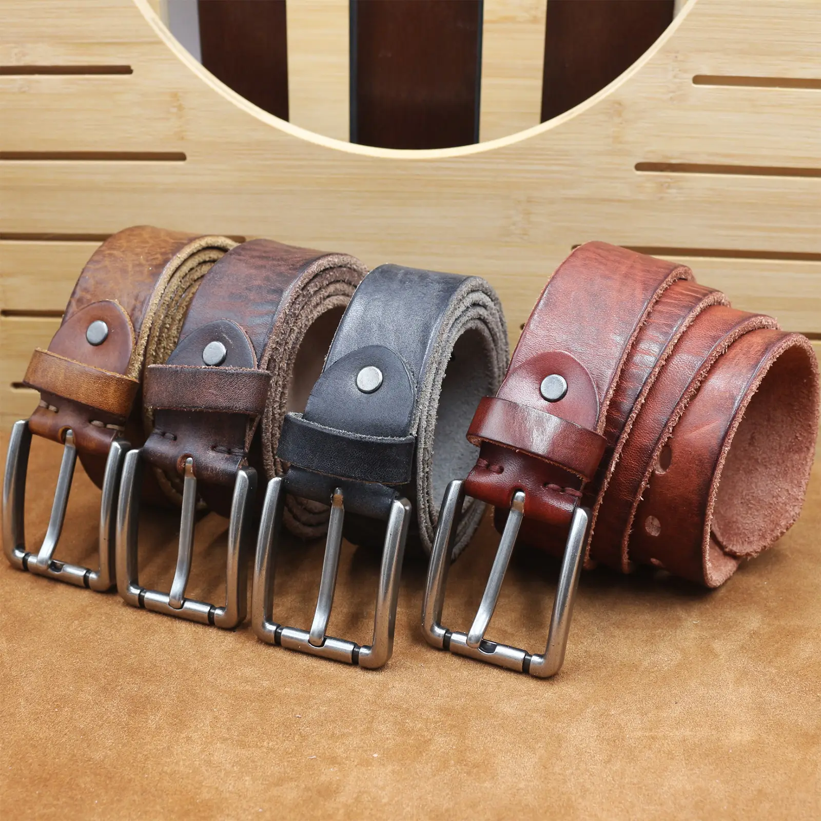 Men's Genuine Leather Belt with Needle Buckle Brown — feature 1