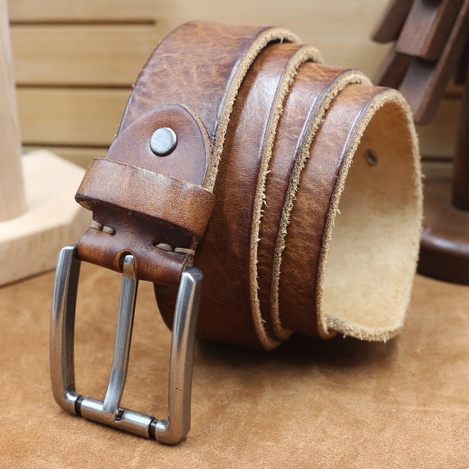 Men's Genuine Leather Belt with Needle Buckle Brown — feature 11
