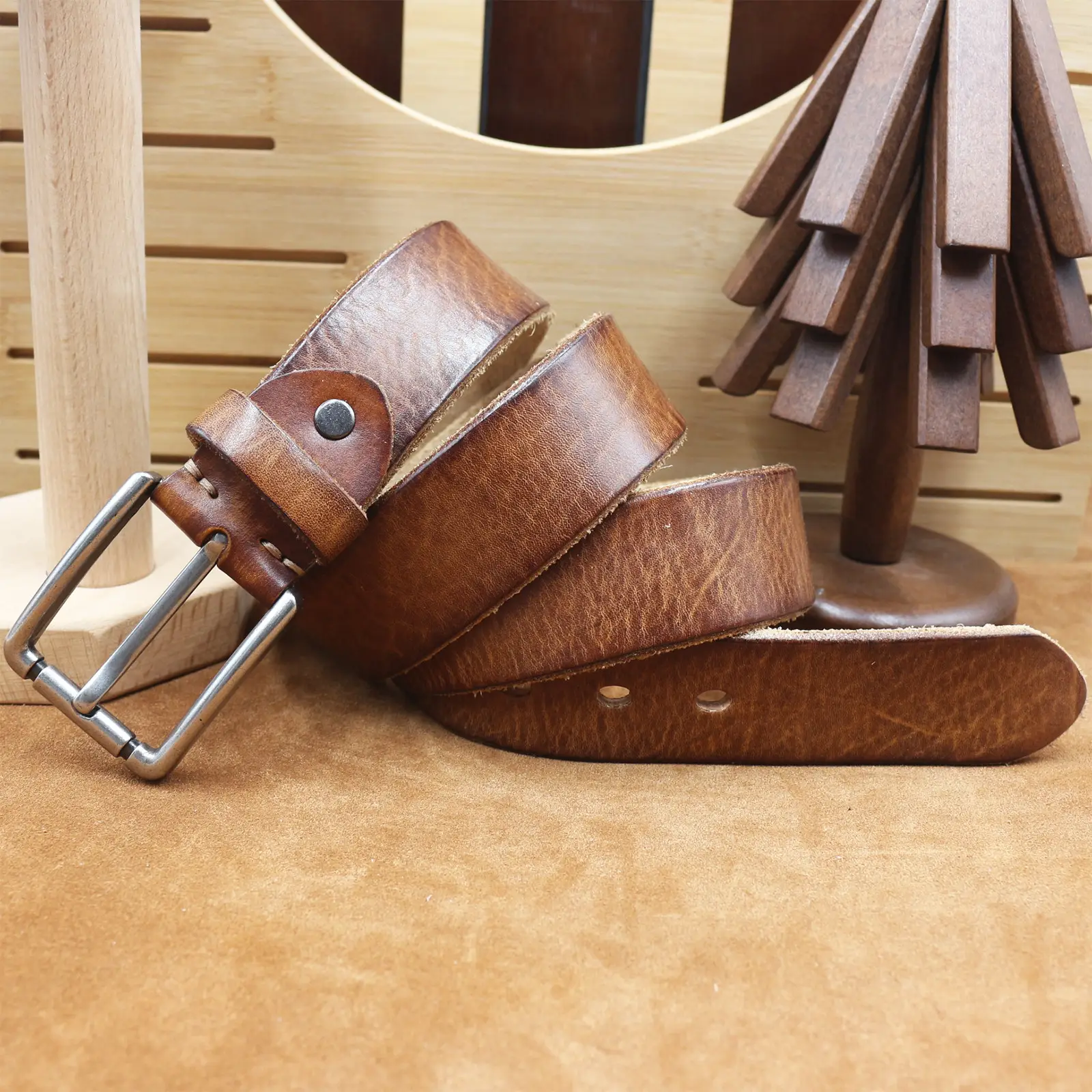 Men's Genuine Leather Belt with Needle Buckle Brown — feature 12