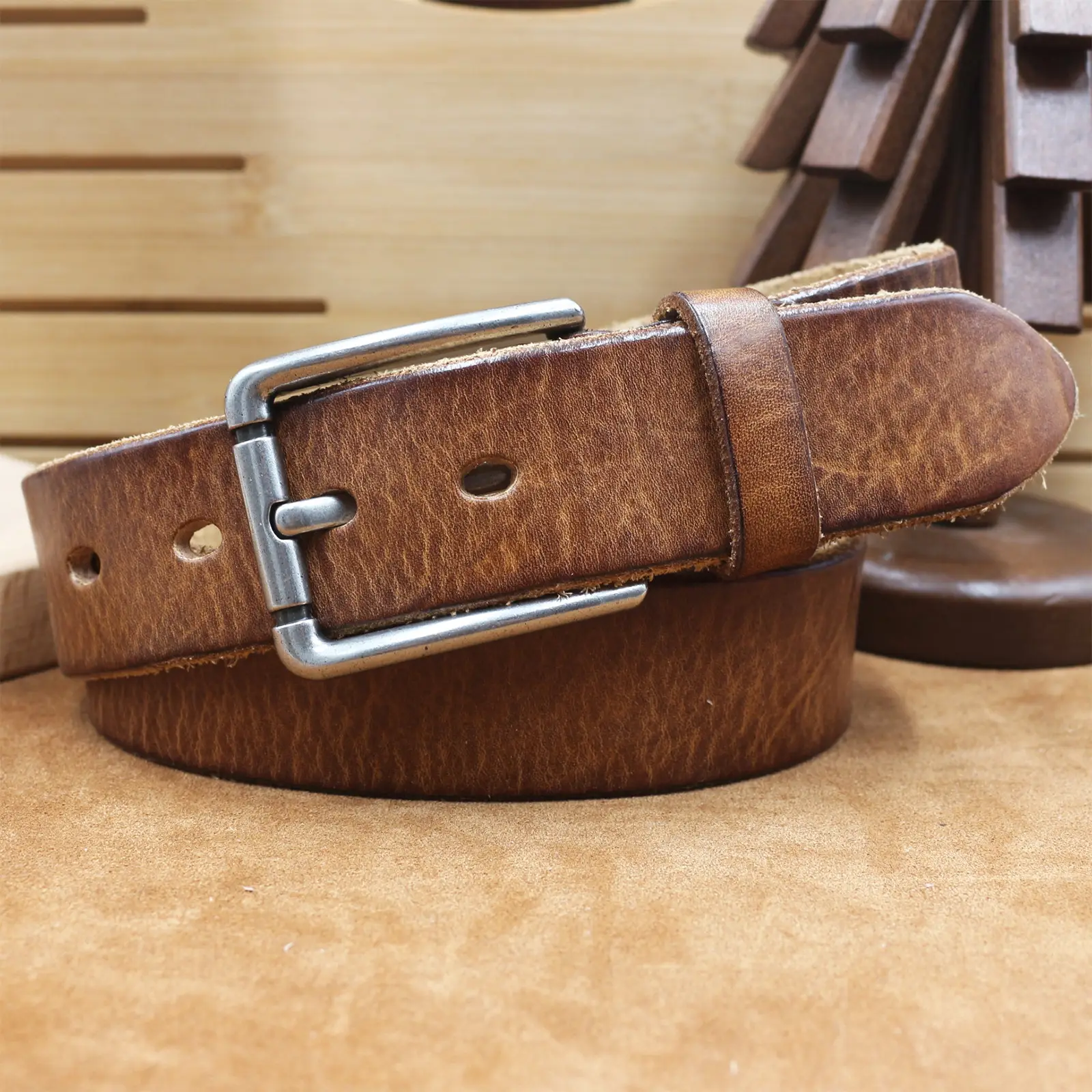 Men's Genuine Leather Belt with Needle Buckle Brown — feature 14