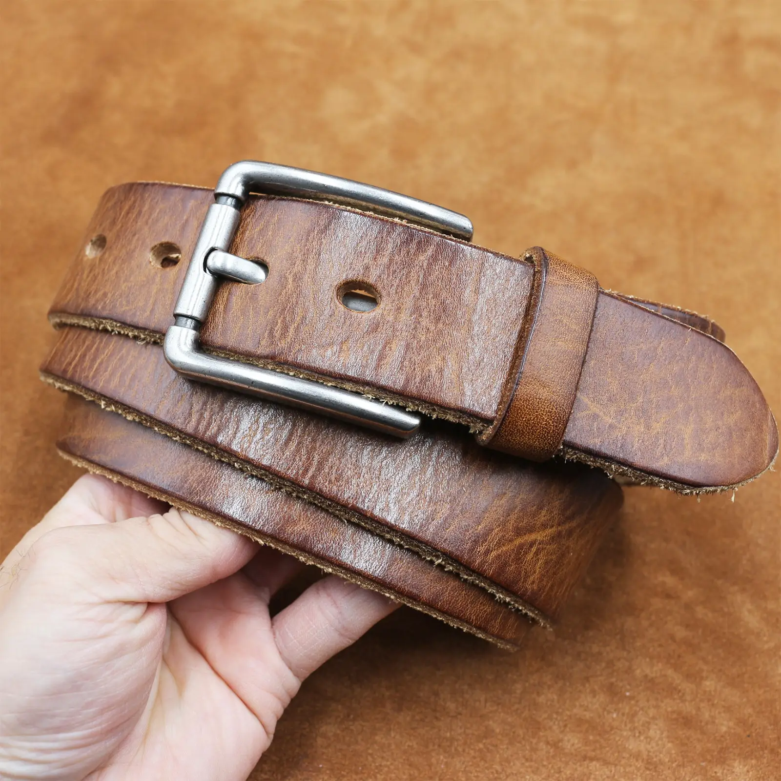 Men's Genuine Leather Belt with Needle Buckle Brown — feature 15