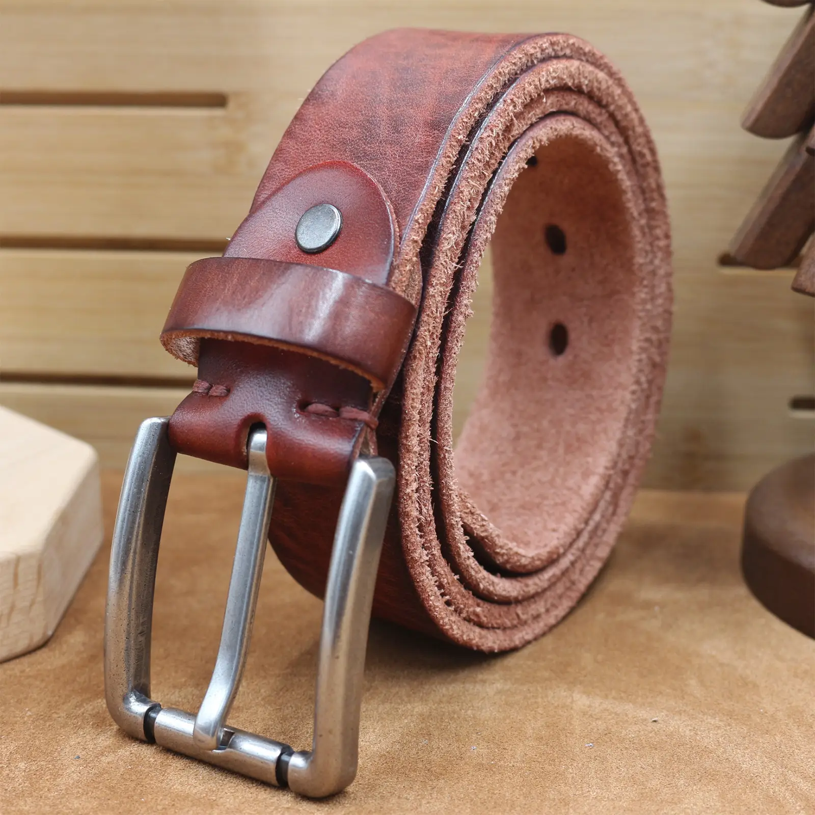 Men's Genuine Leather Belt with Needle Buckle Brown — feature 22