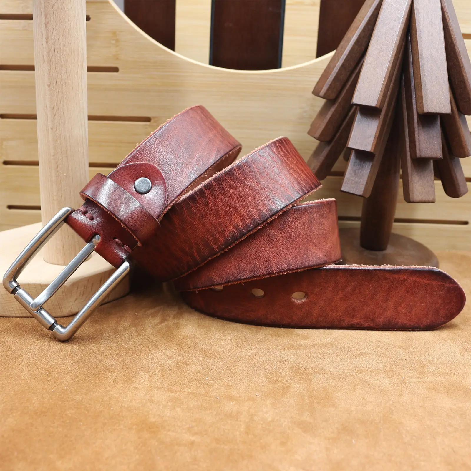 Men's Genuine Leather Belt with Needle Buckle Brown — feature 24