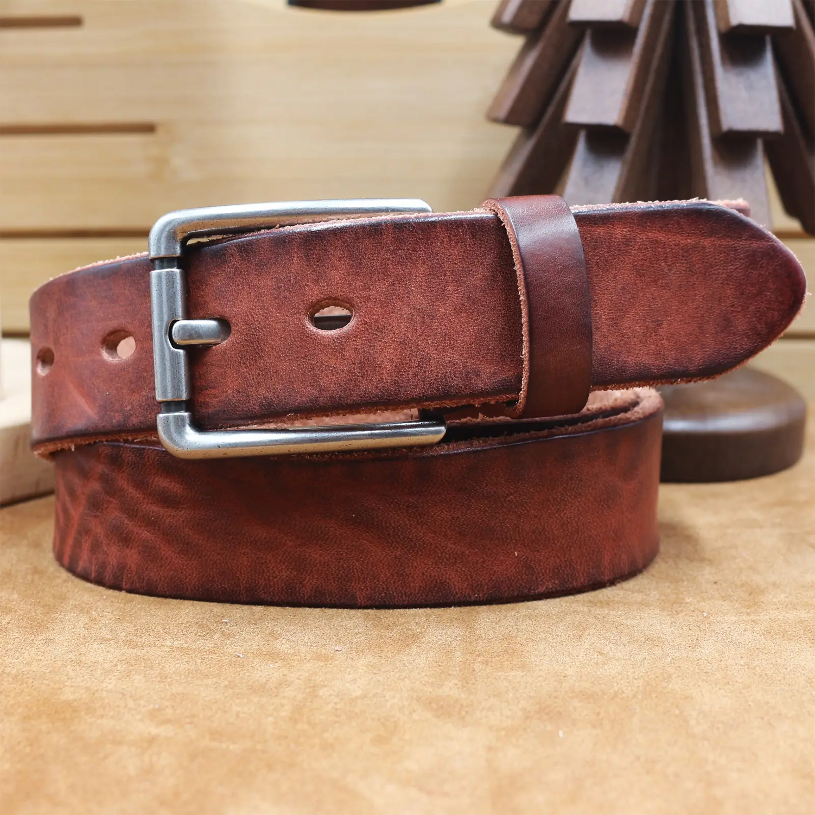 Men's Genuine Leather Belt with Needle Buckle Brown — feature 26