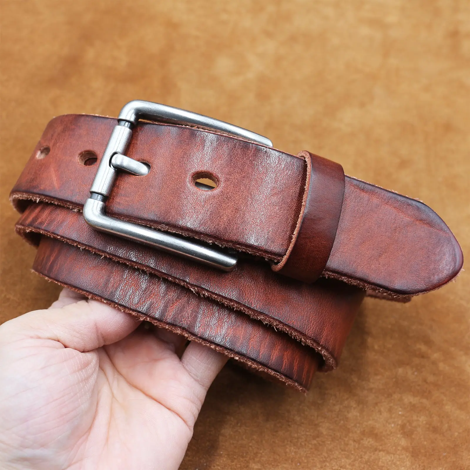 Men's Genuine Leather Belt with Needle Buckle Brown — feature 27