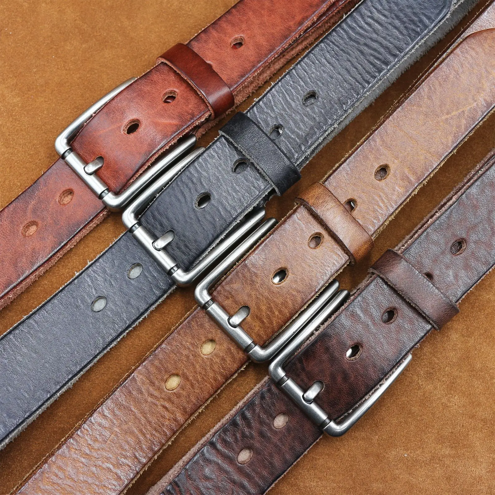 Men's Genuine Leather Belt with Needle Buckle Brown — feature 3