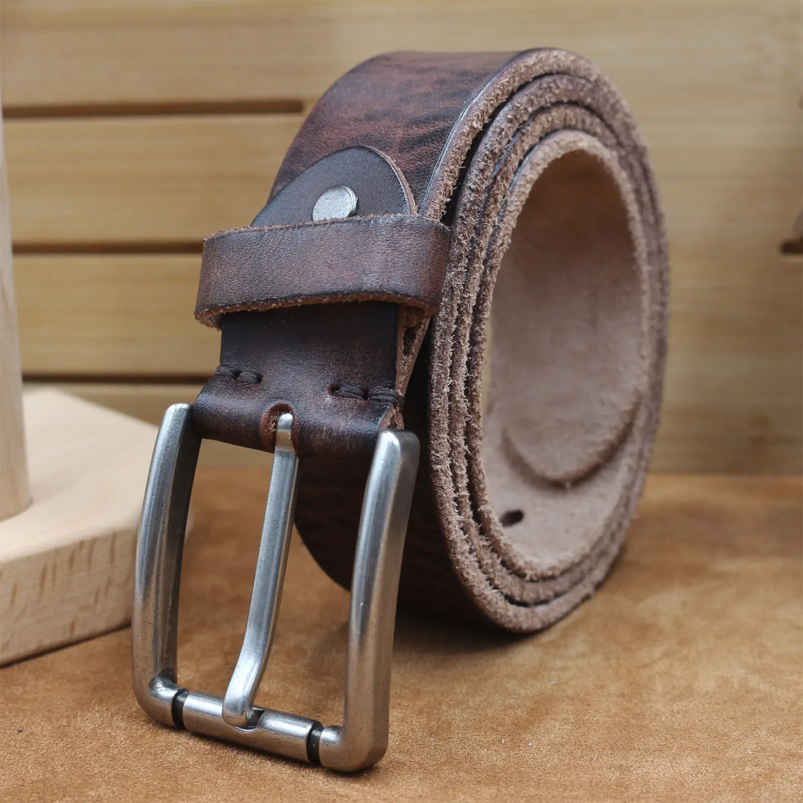 Men's Genuine Leather Belt with Needle Buckle Brown — feature 4