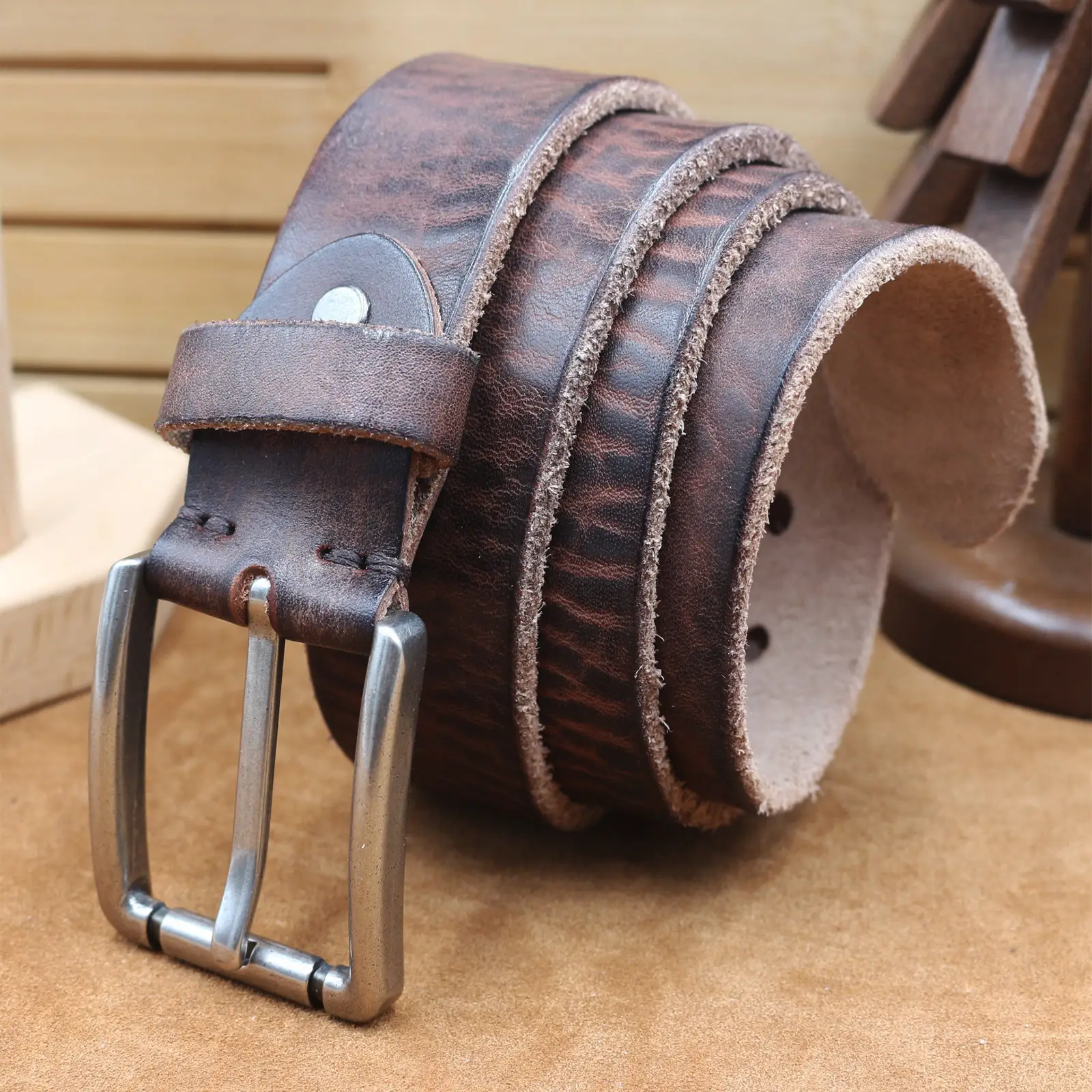 Men's Genuine Leather Belt with Needle Buckle Brown — feature 5