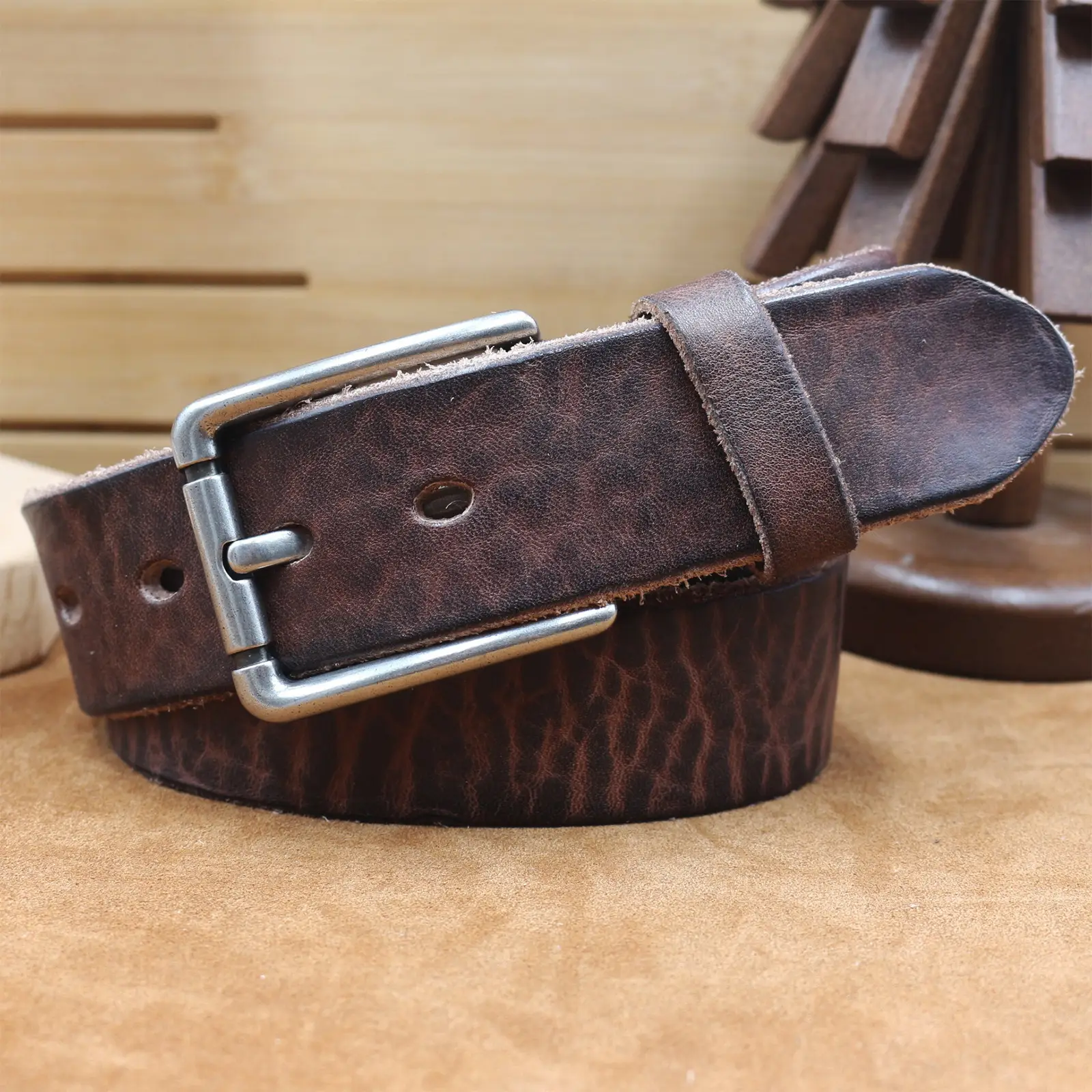 Men's Genuine Leather Belt with Needle Buckle Brown — feature 8