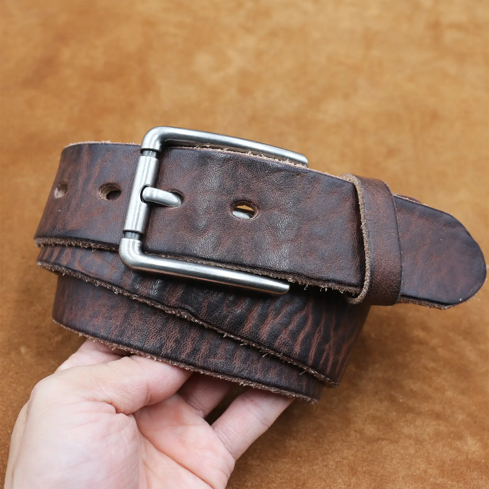 Men's Genuine Leather Belt with Needle Buckle Brown — feature 9