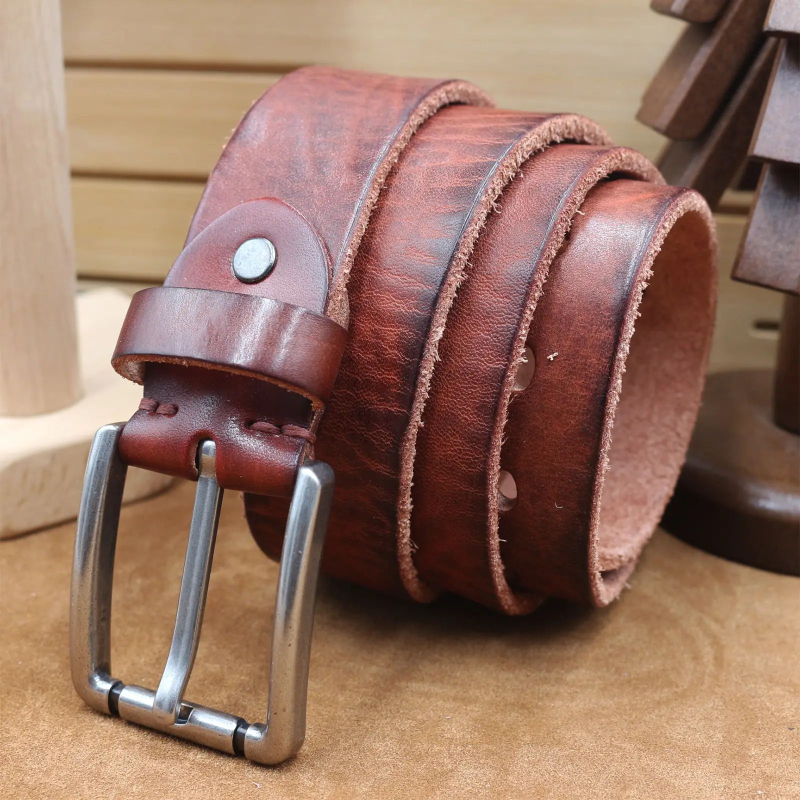 Men's Genuine Leather Belt with Needle Buckle Brown - Image 4