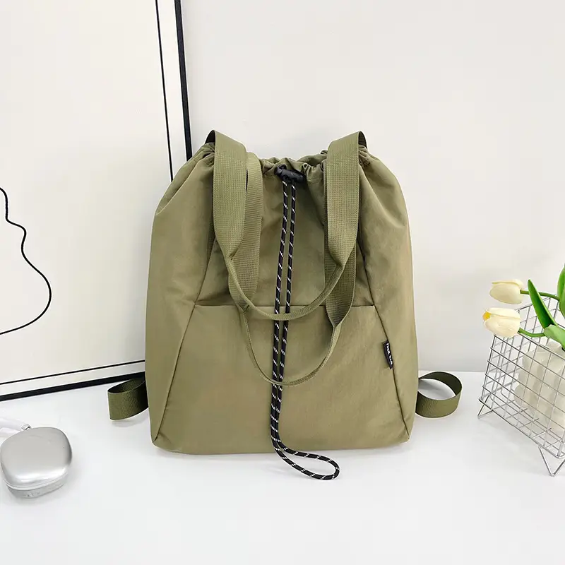 Women's Green Drawstring Bucket Bag Large Capacity Casual Shoulder Bag