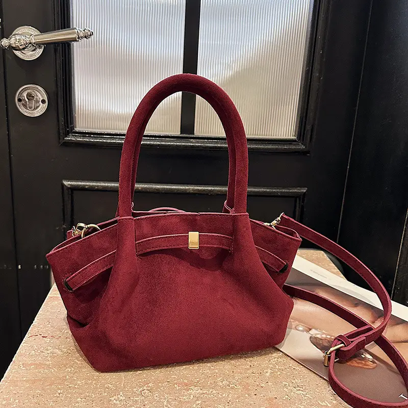 Maroon Pleated Hand Tote Bag with Vintage Wings Design