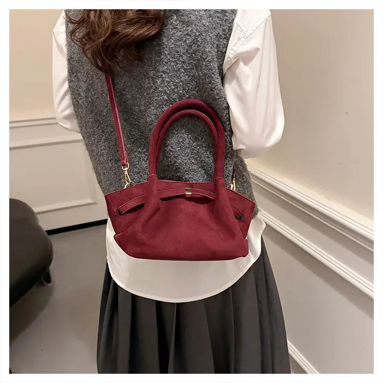 Maroon Pleated Hand Tote Bag with Vintage Wings Design — feature 14