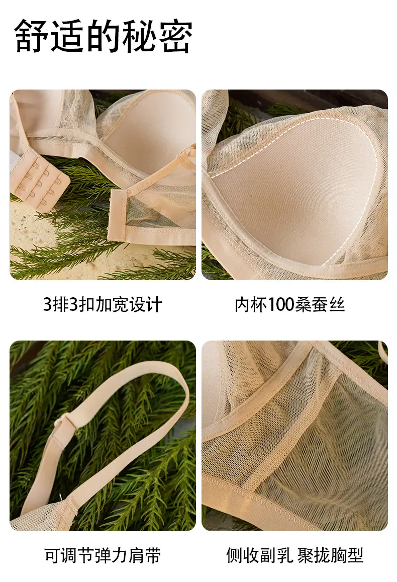 Tangge Spring and Summer French Silk Triangle Cup Bra Mulberry Silk Sexy Lace Rabbit Cup Underwear Big Chest Small — feature 13