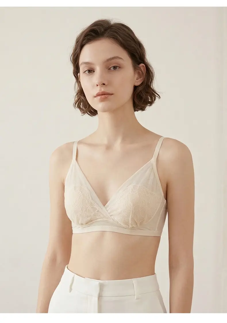 Tangge Spring and Summer French Silk Triangle Cup Bra Mulberry Silk Sexy Lace Rabbit Cup Underwear Big Chest Small — feature 15
