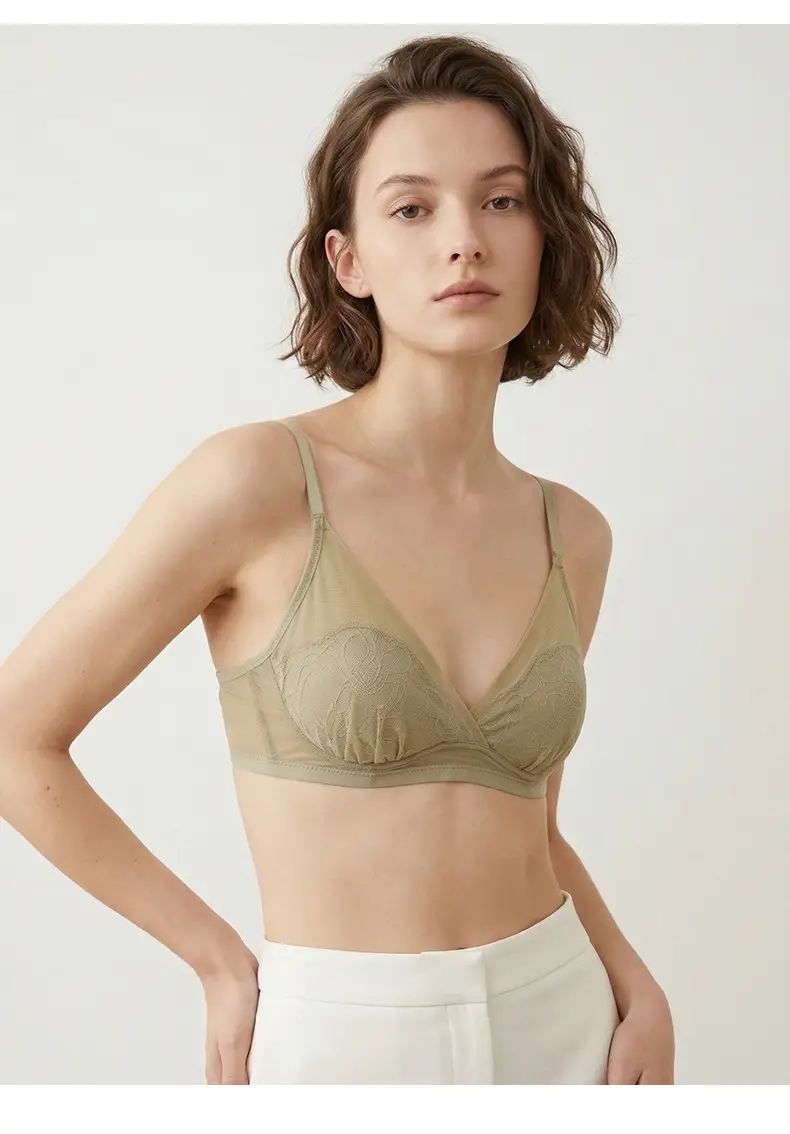 Tangge Spring and Summer French Silk Triangle Cup Bra Mulberry Silk Sexy Lace Rabbit Cup Underwear Big Chest Small — feature 17