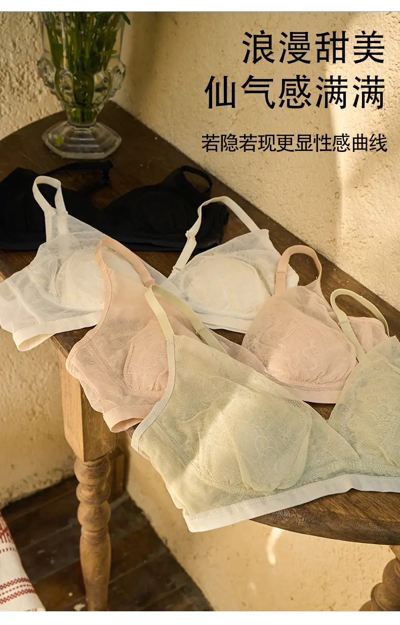 Tangge Spring and Summer French Silk Triangle Cup Bra Mulberry Silk Sexy Lace Rabbit Cup Underwear Big Chest Small — feature 8
