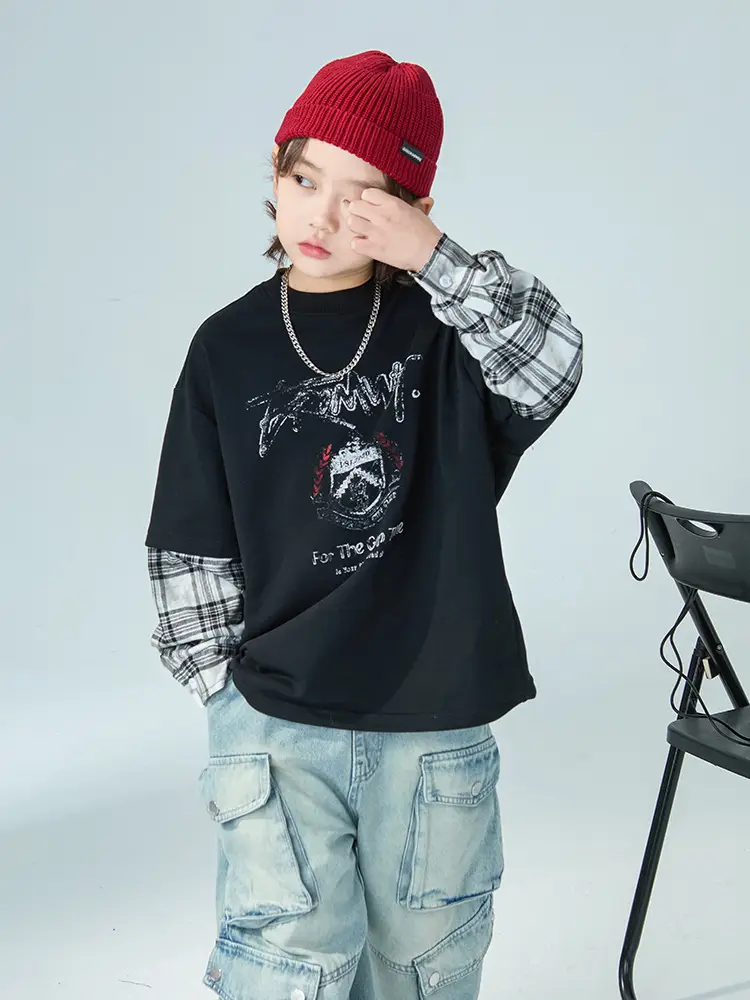 Boys Fake Two-Piece Long Sleeve T-Shirt Black Plaid - Image 2