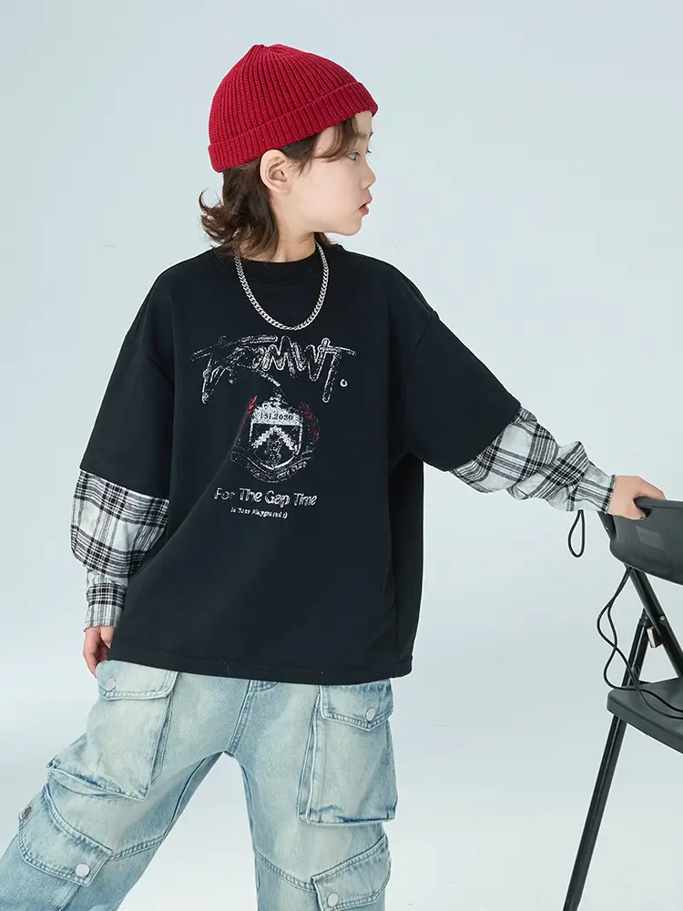 Boys Fake Two-Piece Long Sleeve T-Shirt Black Plaid - Image 3