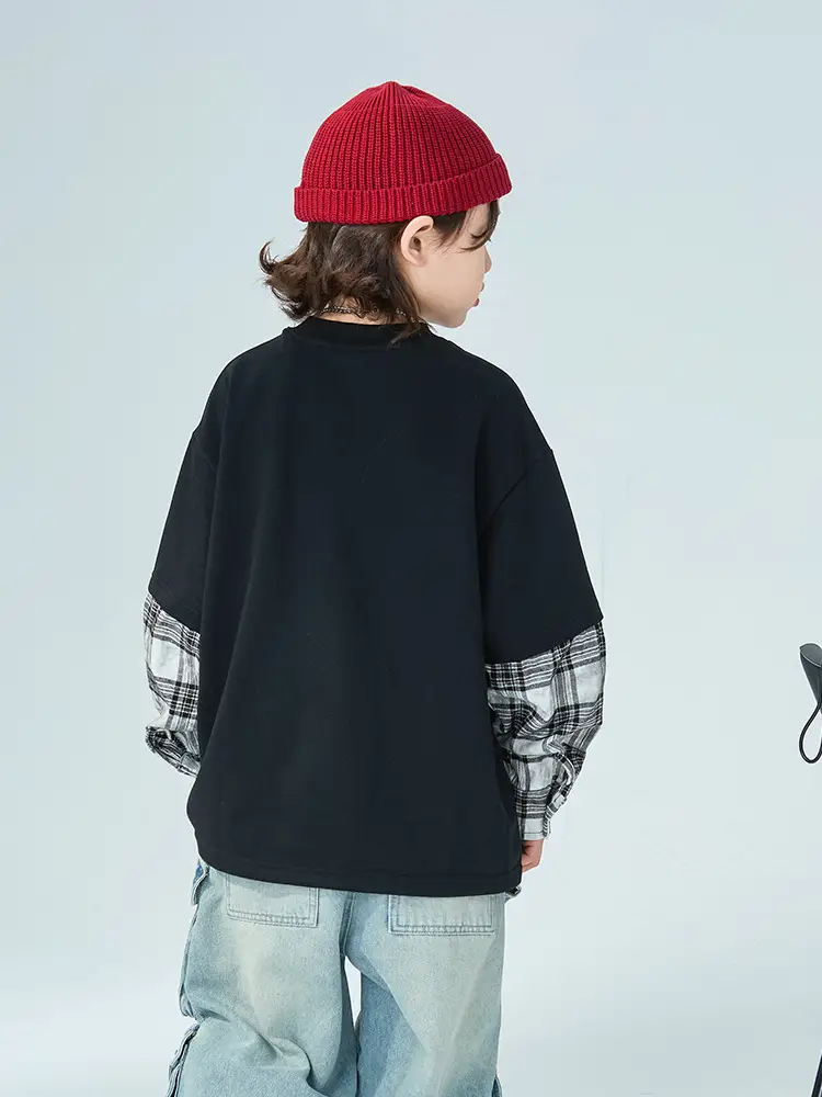 Boys Fake Two-Piece Long Sleeve T-Shirt Black Plaid - Image 4