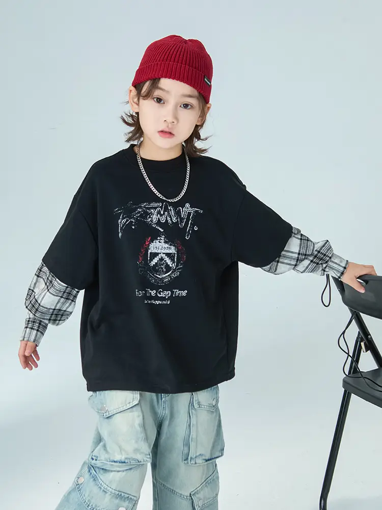 Boys Fake Two-Piece Long Sleeve T-Shirt Black Plaid - Image 5
