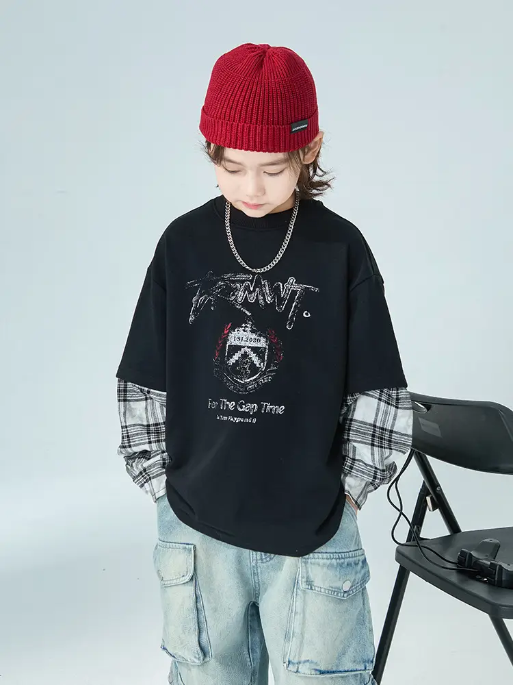 Boys Fake Two-Piece Long Sleeve T-Shirt Black Plaid - Image 6