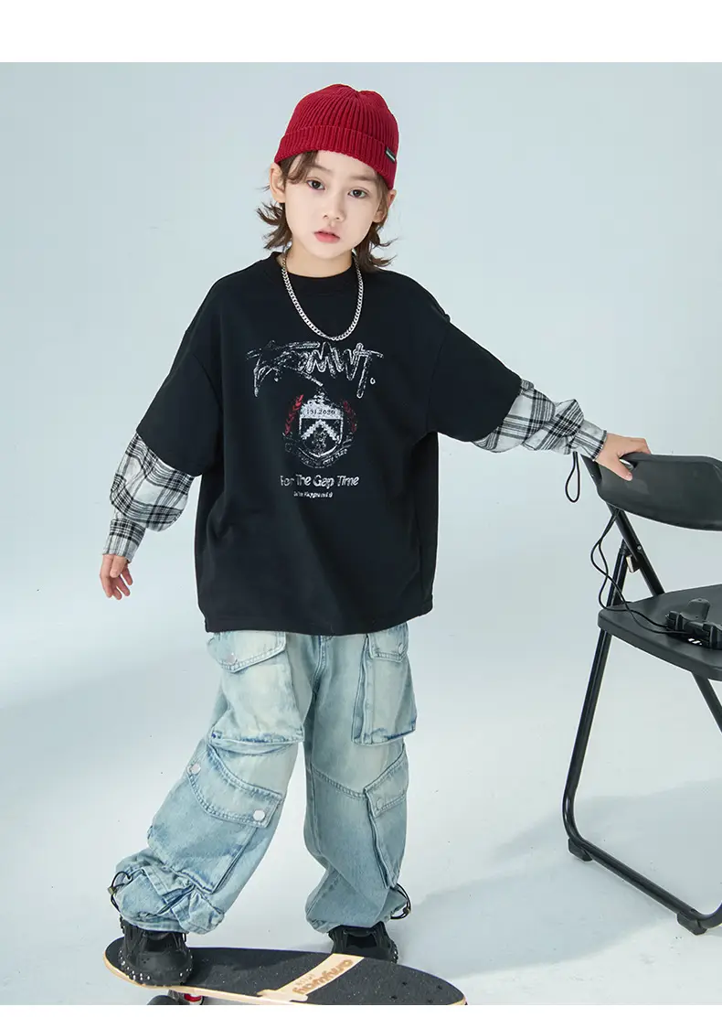 Boys Fake Two-Piece Long Sleeve T-Shirt Black Plaid — feature 10