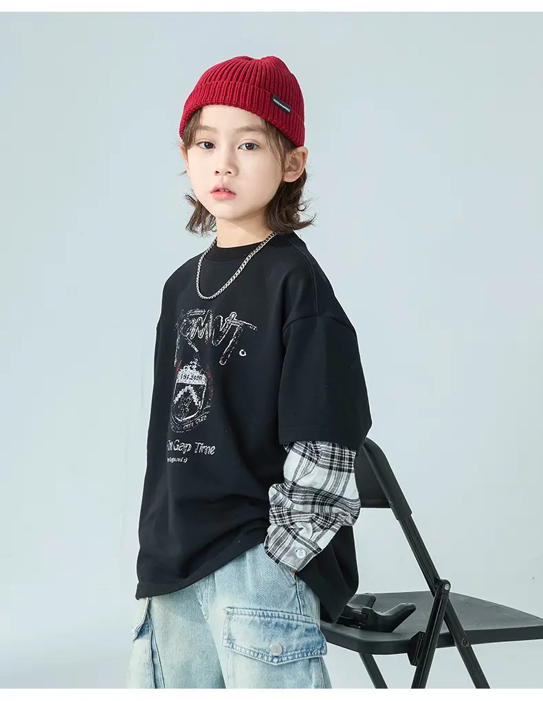 Boys Fake Two-Piece Long Sleeve T-Shirt Black Plaid — feature 11