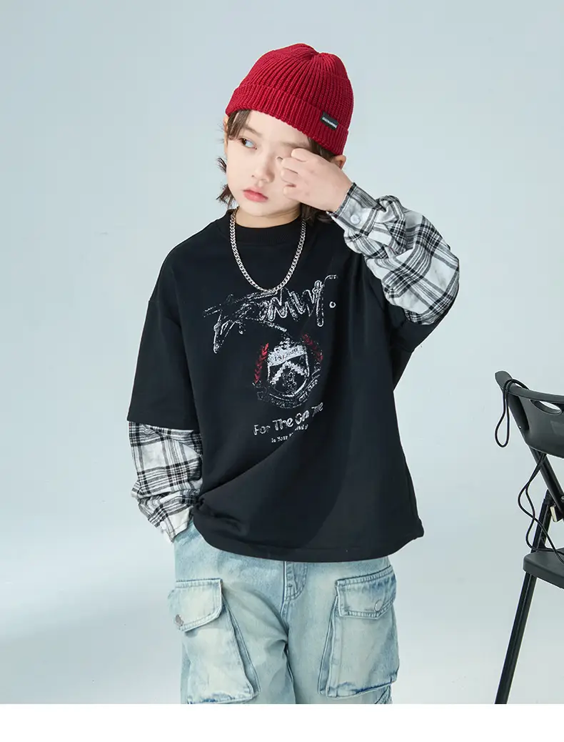 Boys Fake Two-Piece Long Sleeve T-Shirt Black Plaid — feature 12