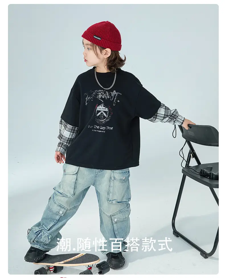 Boys Fake Two-Piece Long Sleeve T-Shirt Black Plaid — feature 2