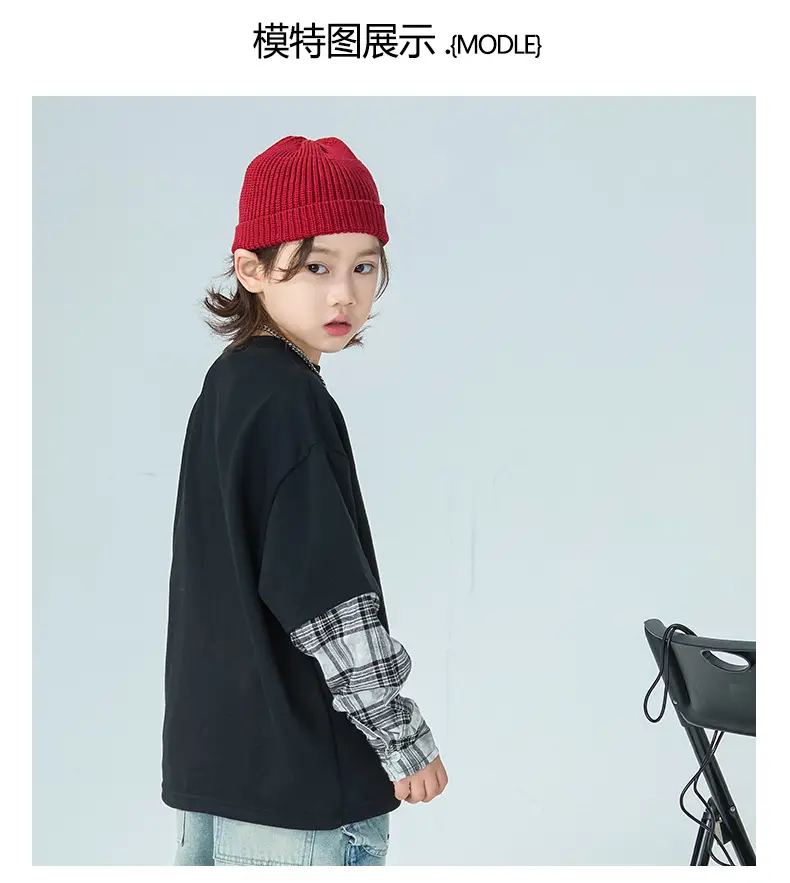 Boys Fake Two-Piece Long Sleeve T-Shirt Black Plaid — feature 5