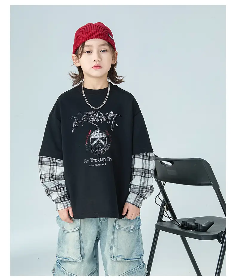 Boys Fake Two-Piece Long Sleeve T-Shirt Black Plaid — feature 6