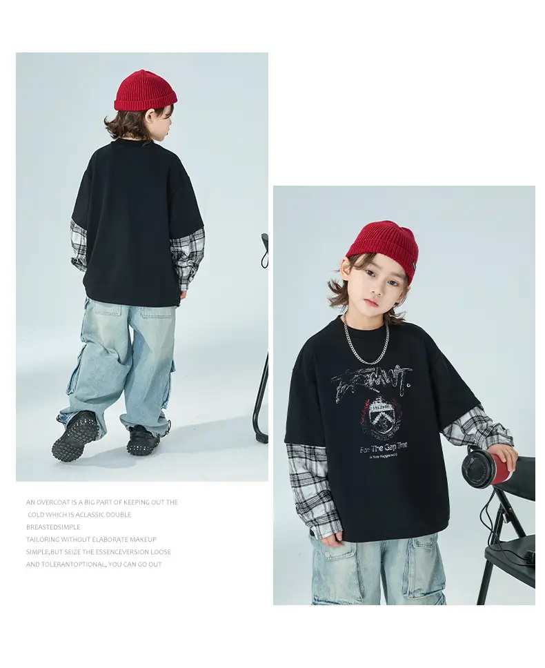 Boys Fake Two-Piece Long Sleeve T-Shirt Black Plaid — feature 7