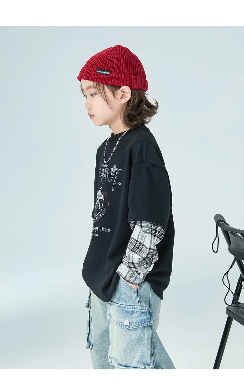 Boys Fake Two-Piece Long Sleeve T-Shirt Black Plaid — feature 8