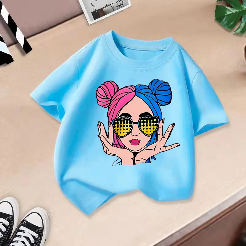 Girls Cotton Printed T-Shirt Blue Peace Love Love - Image 7