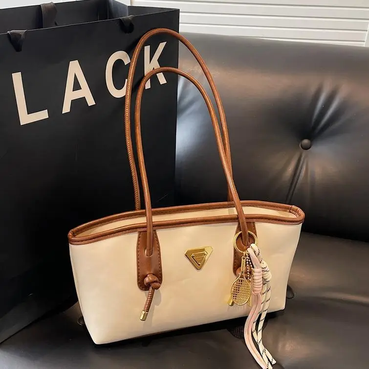 Women's Beige Gold Triangle Handbag with Strap
