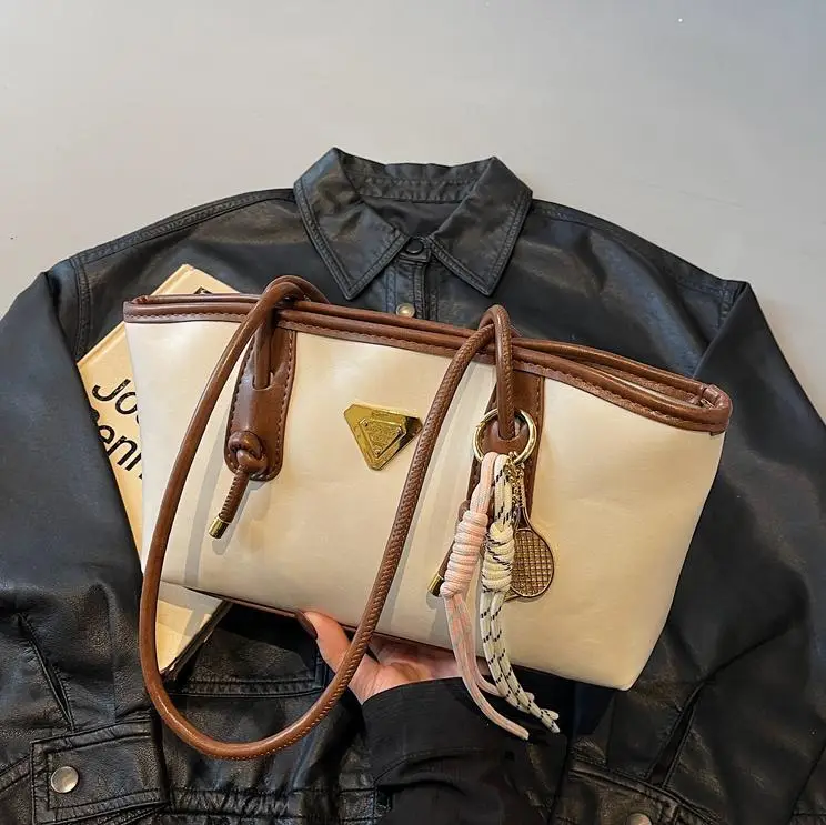 Women's Beige Gold Triangle Handbag with Strap