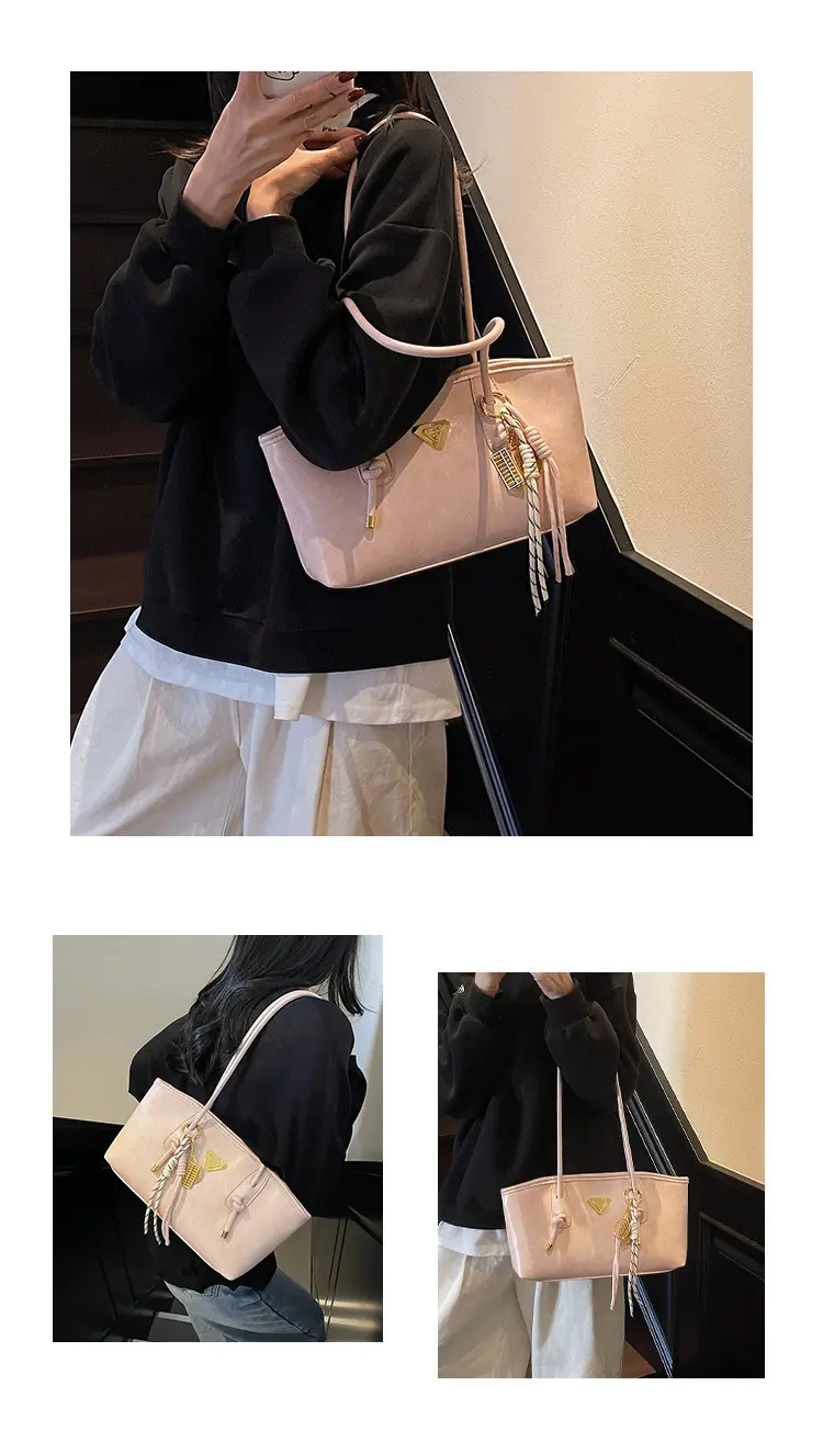 Women's Beige Gold Triangle Handbag with Strap — feature 11