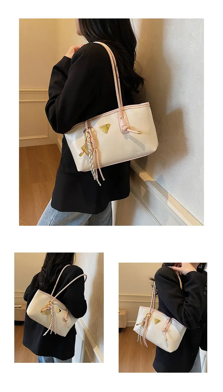 Women's Beige Gold Triangle Handbag with Strap — feature 13