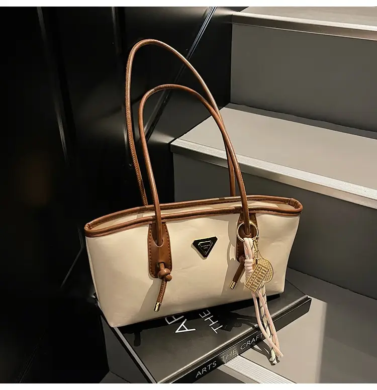 Women's Beige Gold Triangle Handbag with Strap — feature 17
