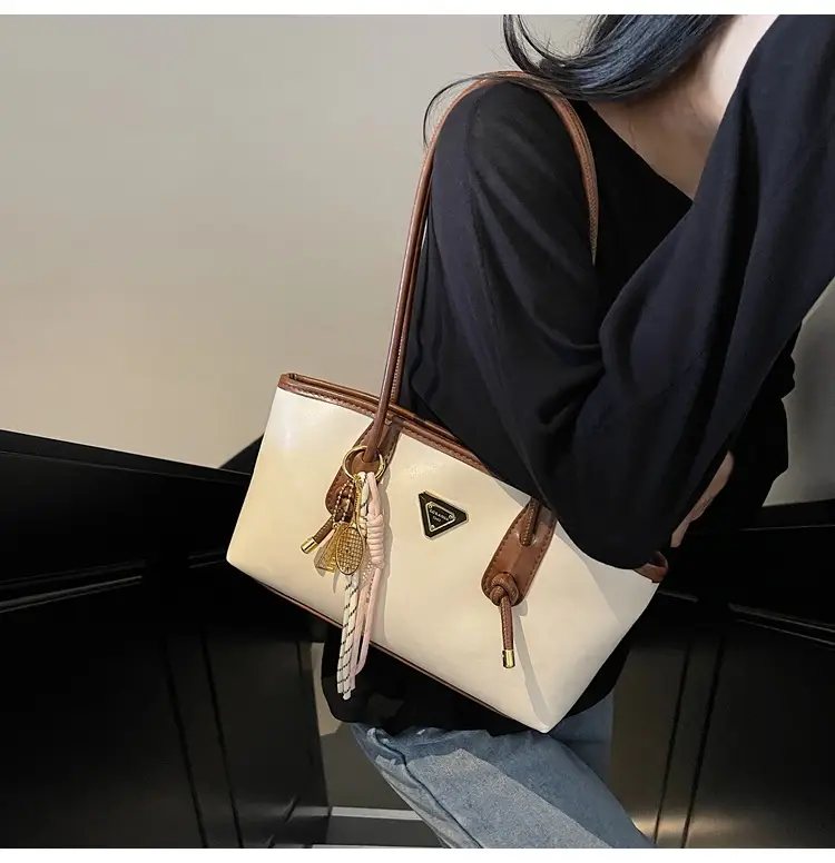 Women's Beige Gold Triangle Handbag with Strap — feature 24