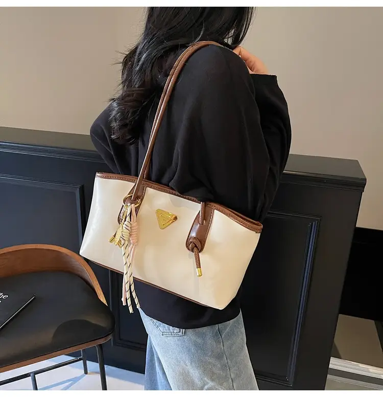 Women's Beige Gold Triangle Handbag with Strap — feature 25
